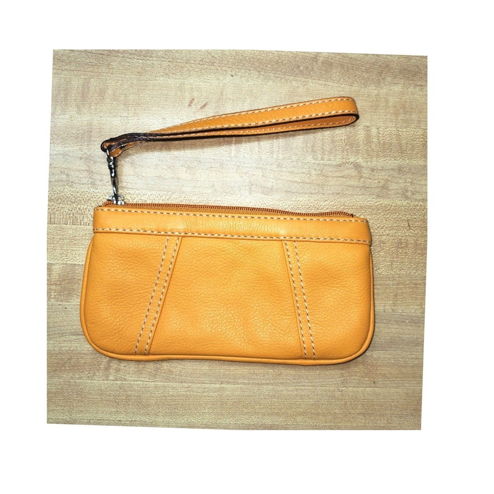 Tignanello Pebbled Leather Wristlet Pouch Mustard Yellow Orange Zip Top Bag